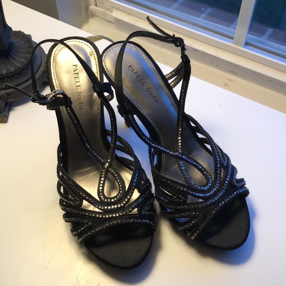 Black crystal 4 inch strapped heals! Worn once!